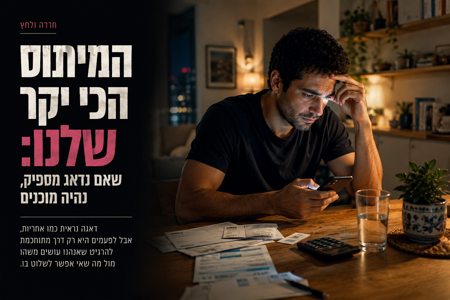 אדם יושב בלילה ליד שולחן מטבח עם טלפון ביד, בזמן שדאגה וחוסר ודאות ממלאים את החדר