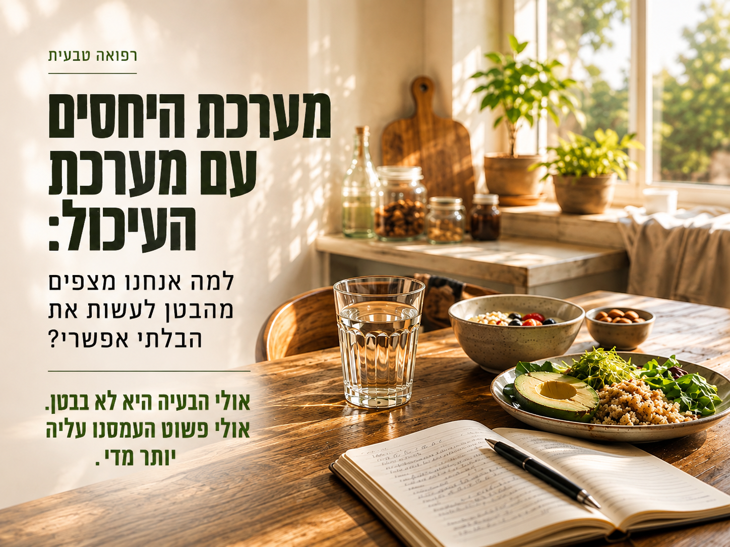 שולחן מטבח רגוע עם אוכל פשוט וכוס מים באווירה של בריאות טבעית.