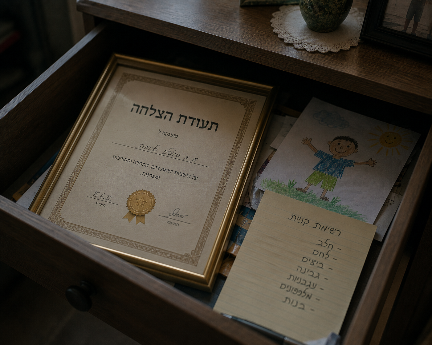 תעודת הצלחה או מסמך ממוסגר מונח במגירה פתוחה, ליד ציור של ילד ורשימת קניות.