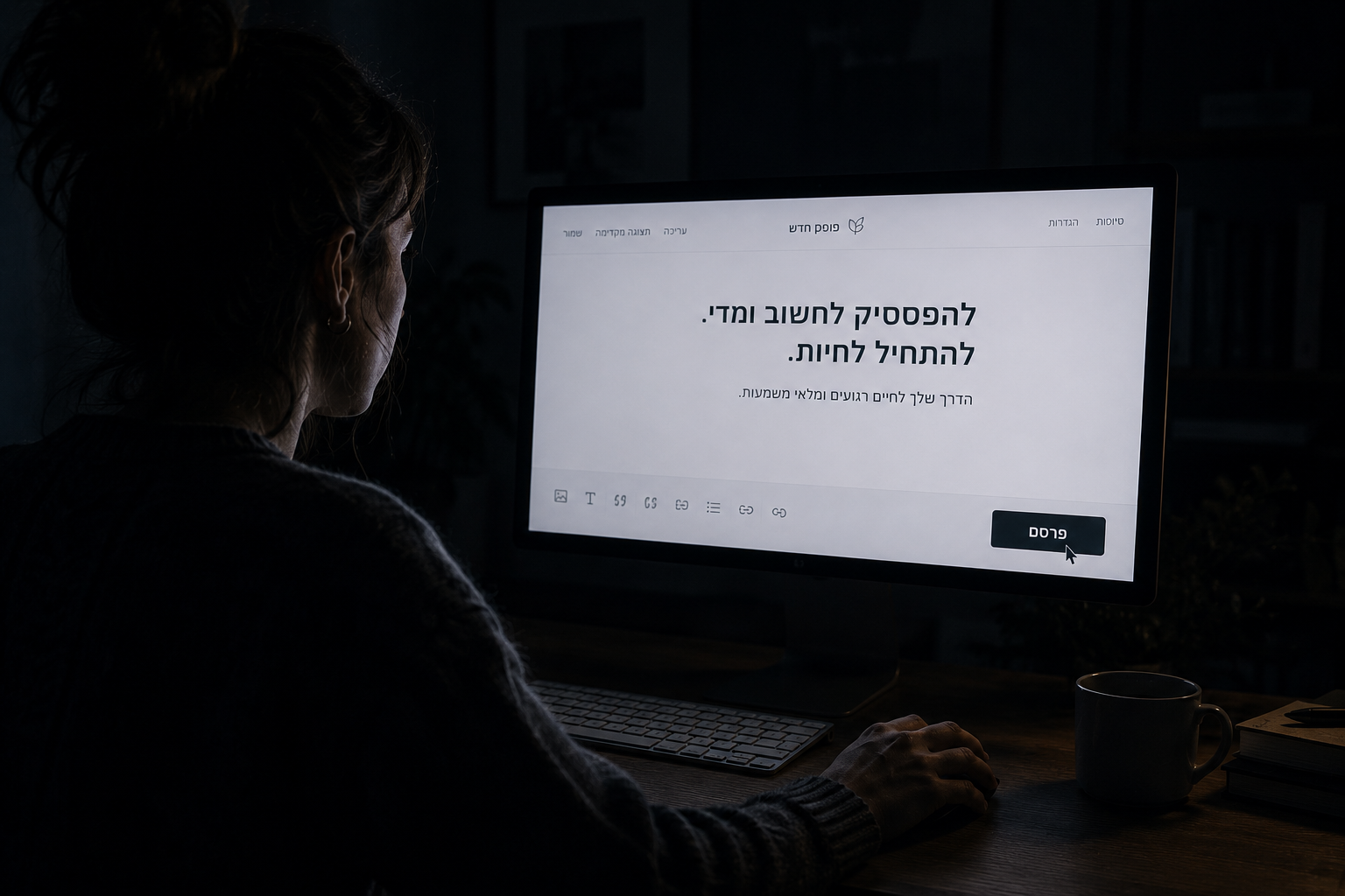 רגע הלחיצה על כפתור הפרסום, כשהחדר שקט והאור היחיד מגיע ממסך המחשב.