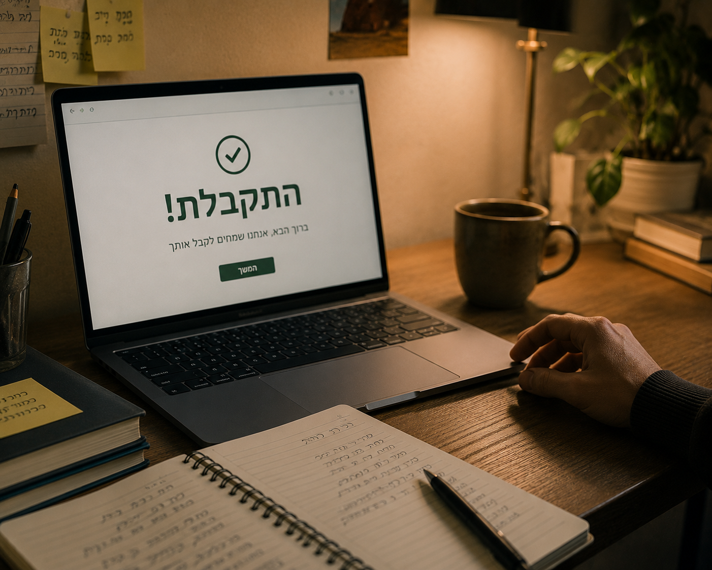 מסך מחשב עם הודעת “התקבלת” או “התקבלת”, לידו מחברת פתוחה ויד שלא נוגעת במקלדת.