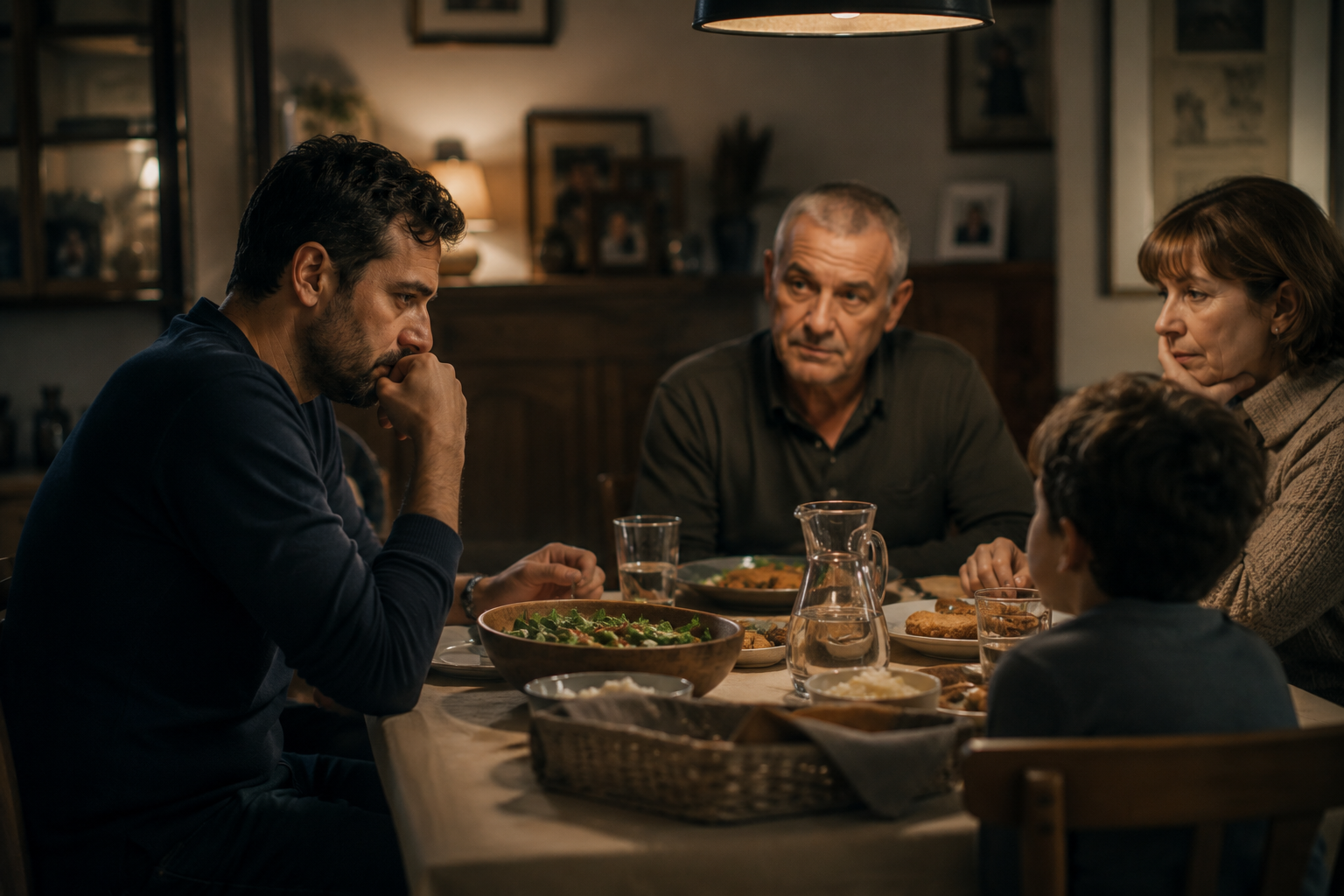 שולחן אוכל משפחתי בבית ישראלי רגע לפני ארוחת ערב, באווירה שמרמזת על מפגש בין כמה דורות.