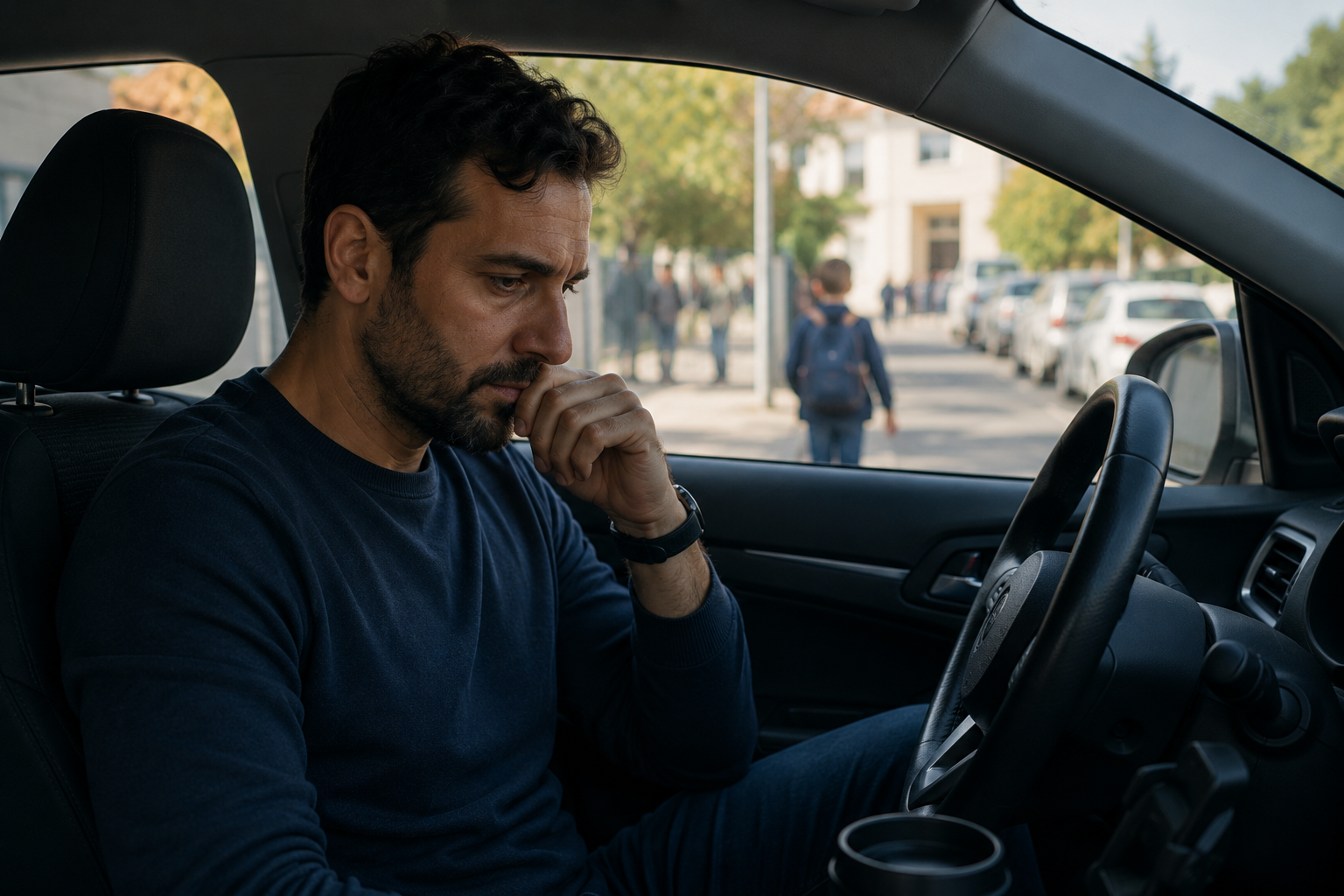 אב יושב לבדו ברכב לאחר שהוריד את בנו בבית הספר, שקוע במחשבות ובתחושת אשמה לאחר עימות קצר.