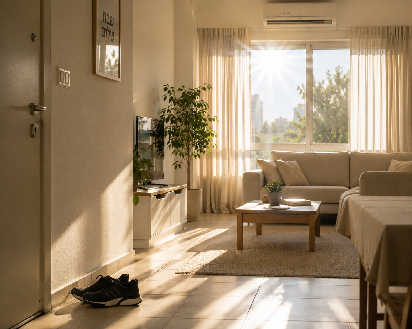 סלון שקט ביום שישי בצהריים, אור שמש חזק נכנס מהחלון, נעלי ספורט מונחות ליד הדלת ולא בשימוש.