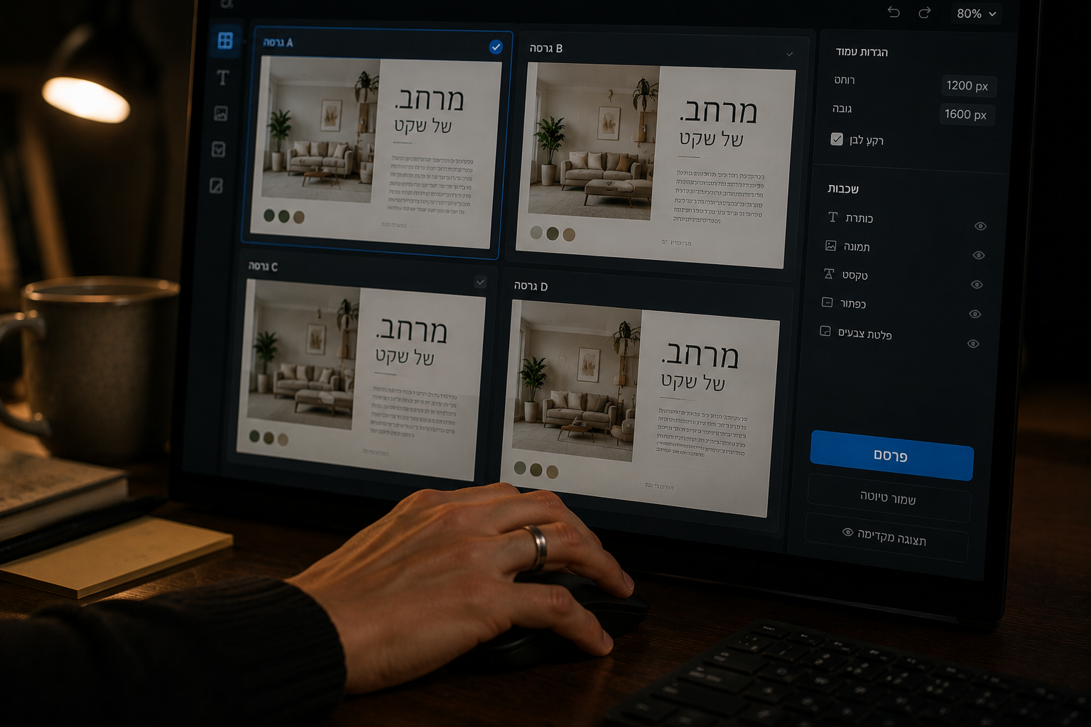 תקריב של יד העוברת שוב ושוב בין גרסאות כמעט זהות של עיצוב, כשכפתור הפרסום נשאר בצד המסך.