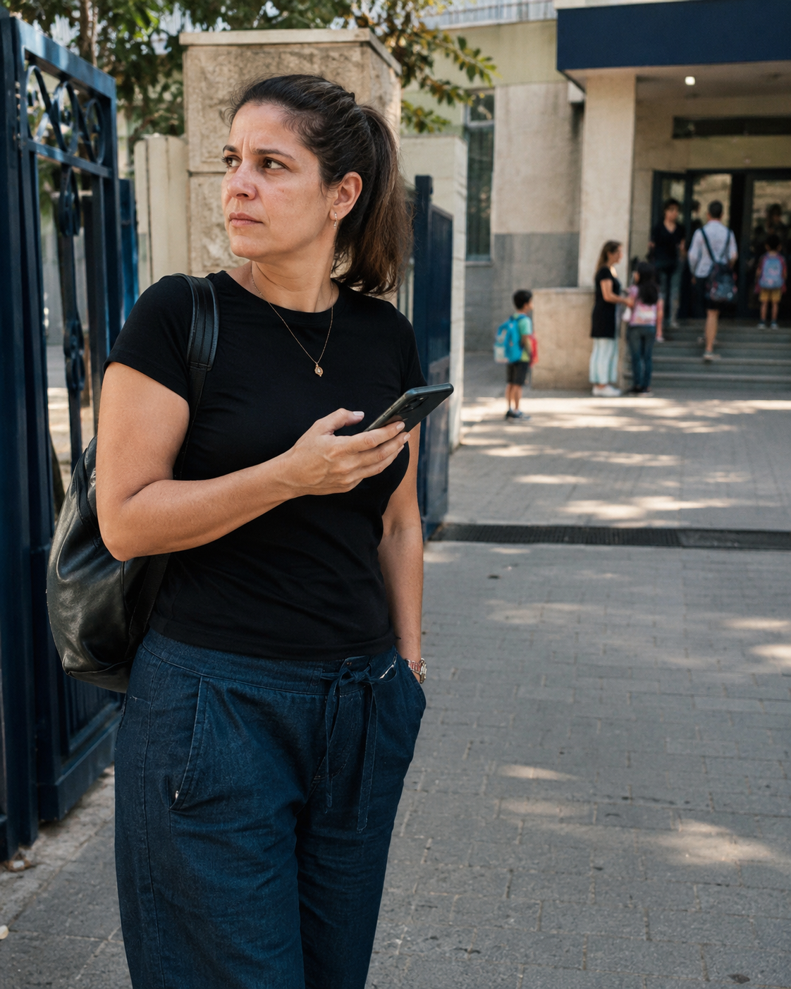 הורה עומד ליד שער בית ספר ריק יחסית, הטלפון ביד, מבטו מחפש מישהו.
