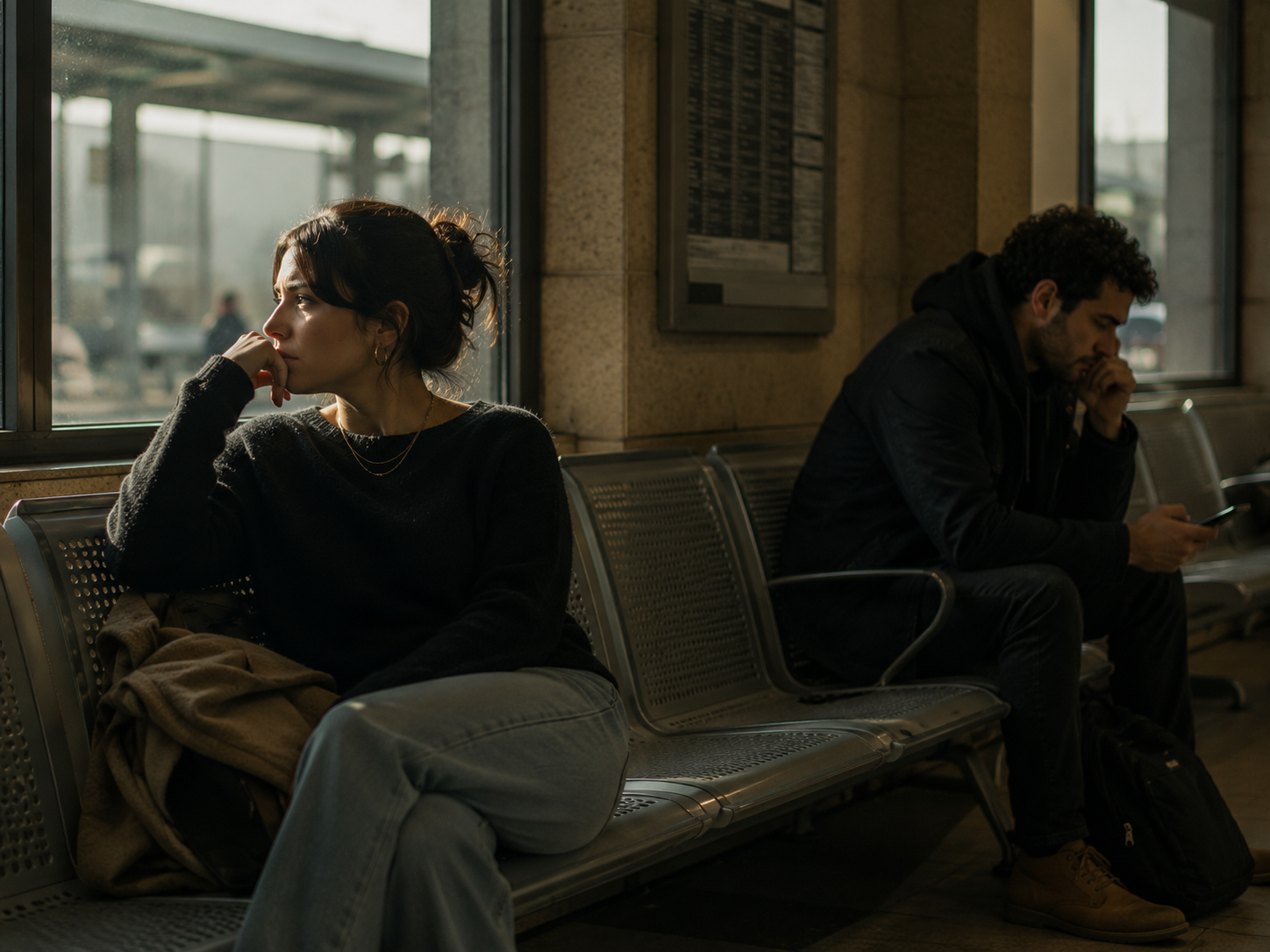 שני אנשים יושבים בתחנת רכבת או בחדר המתנה, כל אחד שקוע במחשבה אחרת.