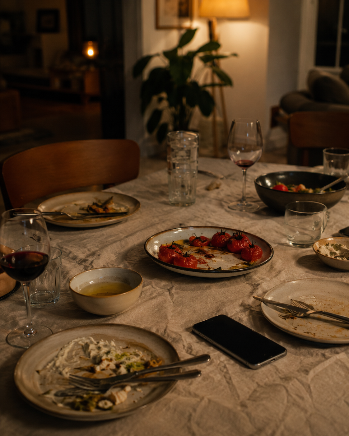 שולחן אוכל אחרי אירוח, כוסות ריקות, טלפון מונח ליד צלחת, תחושה של משפט שנקטע באמצע.