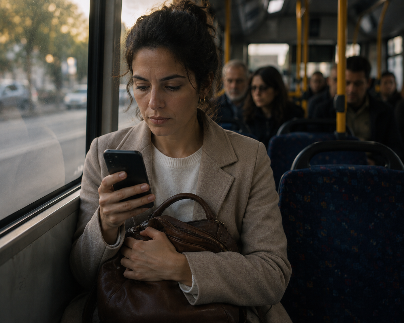 אישה יושבת באוטובוס ומביטה בטלפון, סביב כולם רגועים, אבל היד שלה אוחזת חזק מדי בתיק.