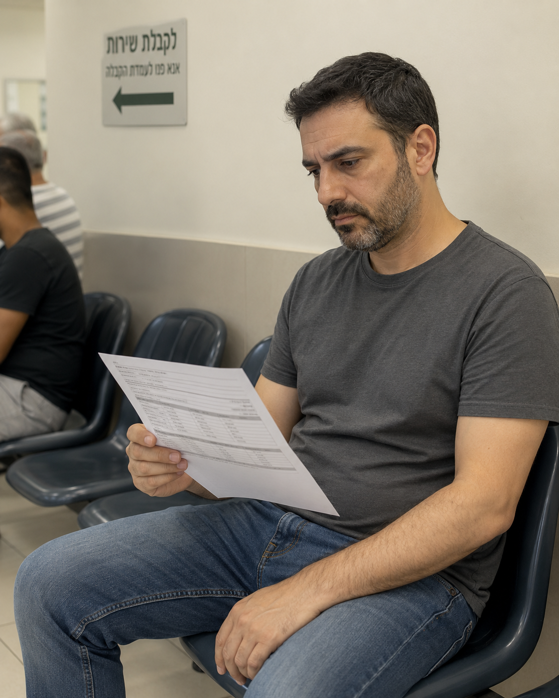 אדם יושב בחדר המתנה של קופת חולים, מחזיק דף בדיקות ביד, מבטו לא רגוע למרות שהתוצאות תקינות.