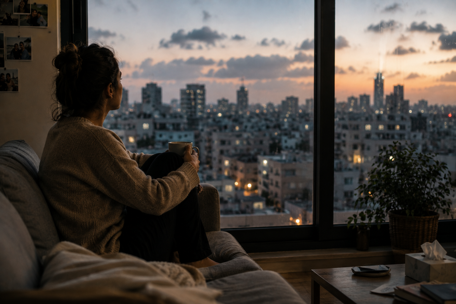 אישה יושבת לבדה מול אורות העיר בשעת ערב, סמל לבדידות ולעייפות הנפשית שנותרו אצל רבים בישראל גם אחרי שהקורונה הסתיימה.