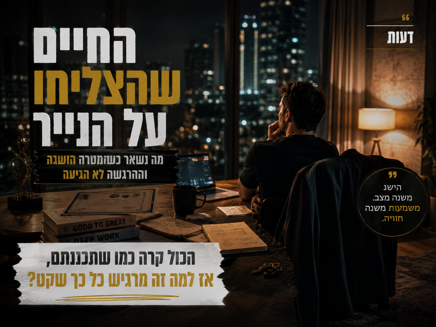 אדם יושב לבד בדירה מודרנית אחרי יום מוצלח ומביט בשקט אל החלון