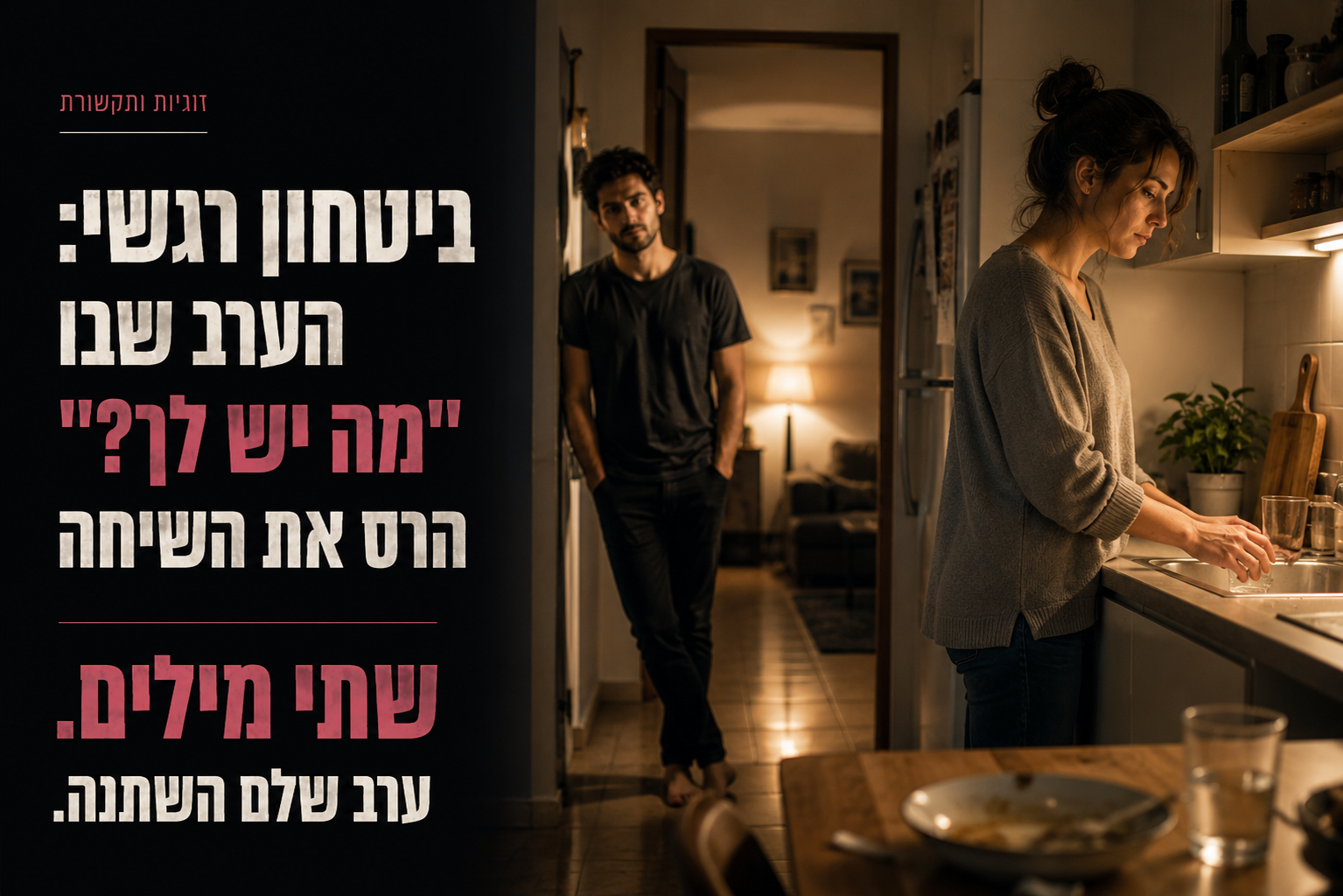 זוג ישראלי במטבח אחרי ערב שקט, רגע שבו ביטחון רגשי מתחיל להיסדק