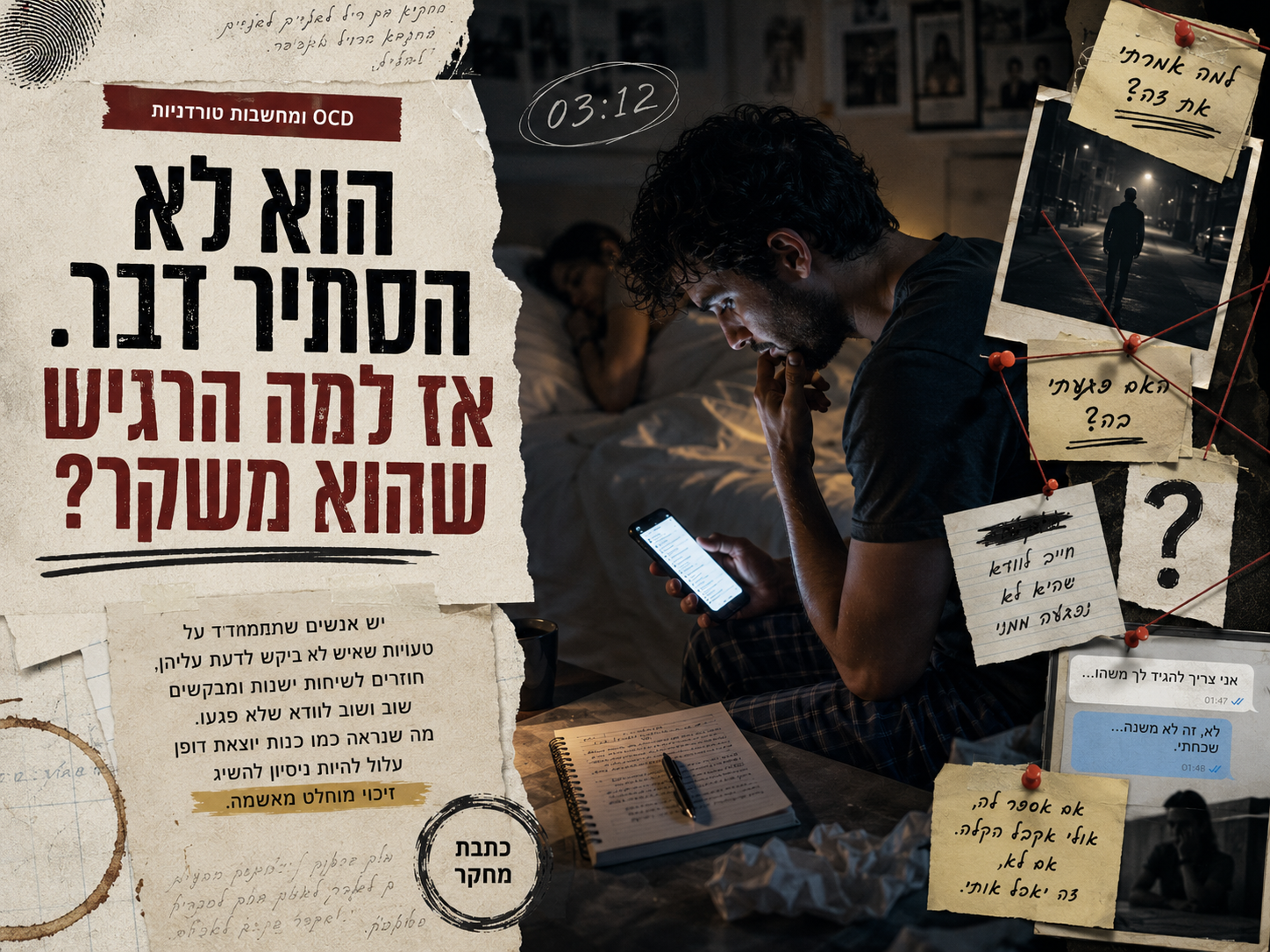גבר יושב בלילה מול הודעת וידוי ארוכה שעדיין לא שלח לבת זוגו