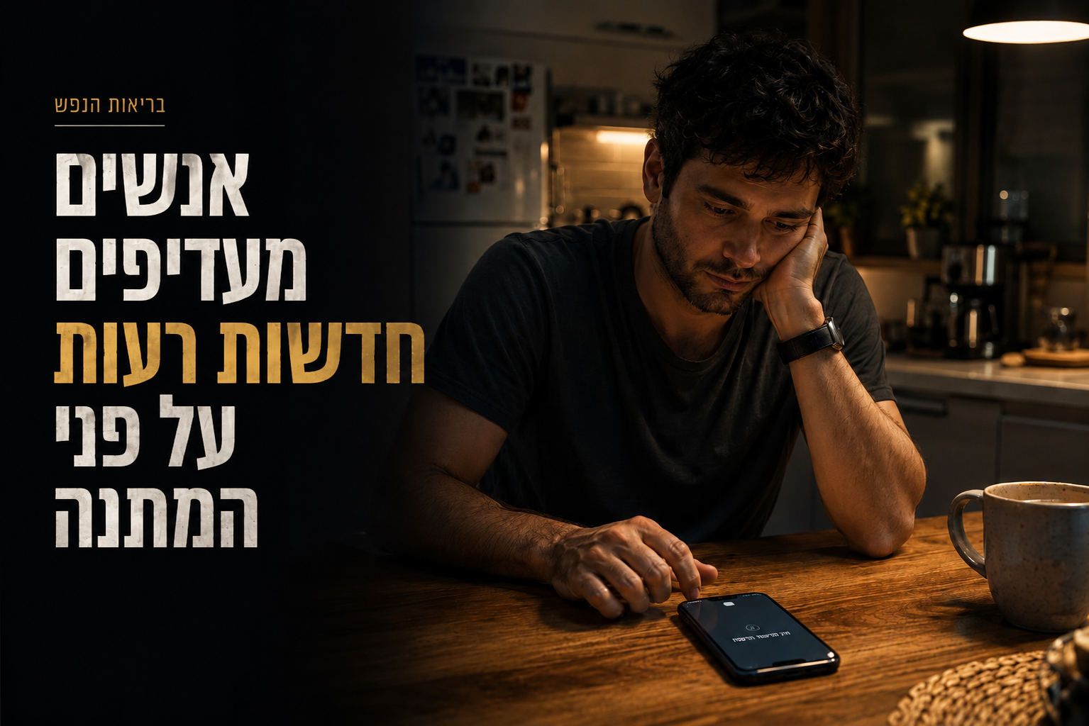 אדם יושב בלילה ליד שולחן מטבח ומחכה להודעה שלא מגיעה