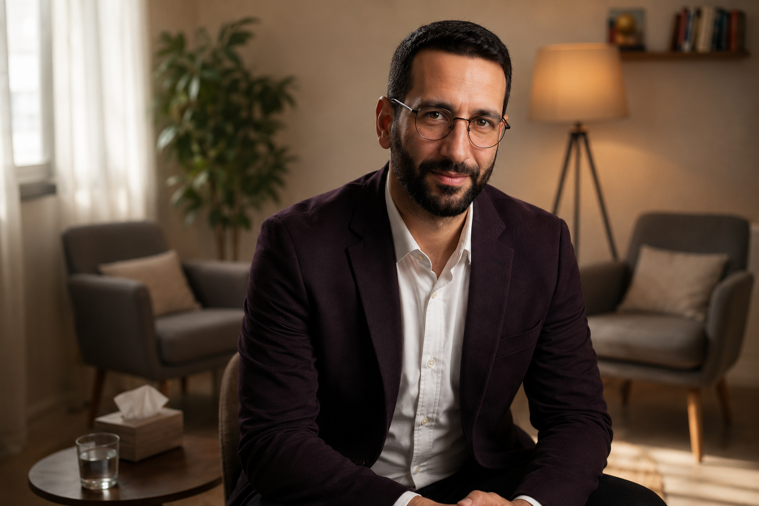 יקיר חיוט בחדר ייעוץ חם ומקצועי כסמל לביטחון רגשי בזוגיות
