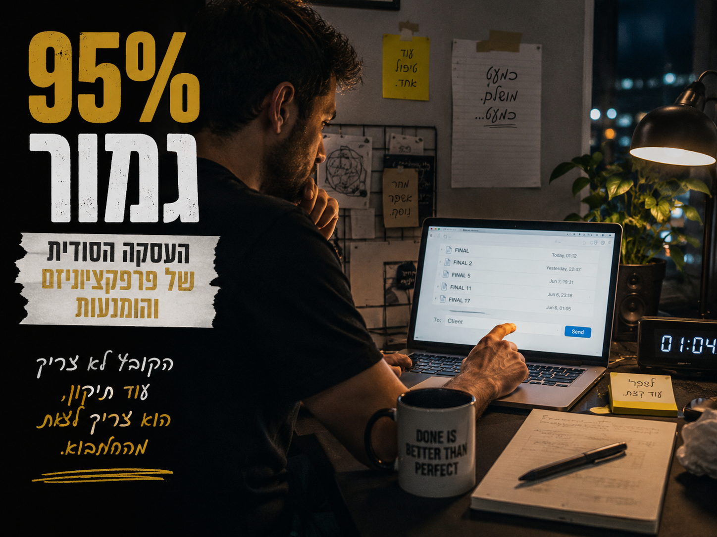 בעל עסק יושב מול קובץ כמעט גמור ומתלבט אם לשלוח אותו ללקוח.