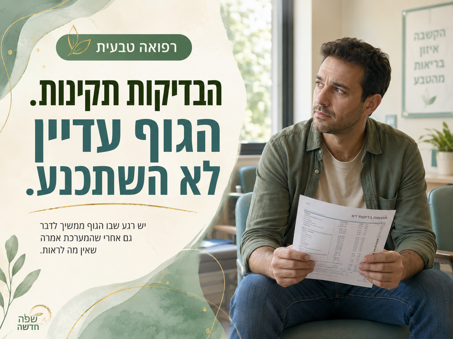 אדם יושב בחדר המתנה עם תוצאות בדיקות תקינות ומבט מהורהר